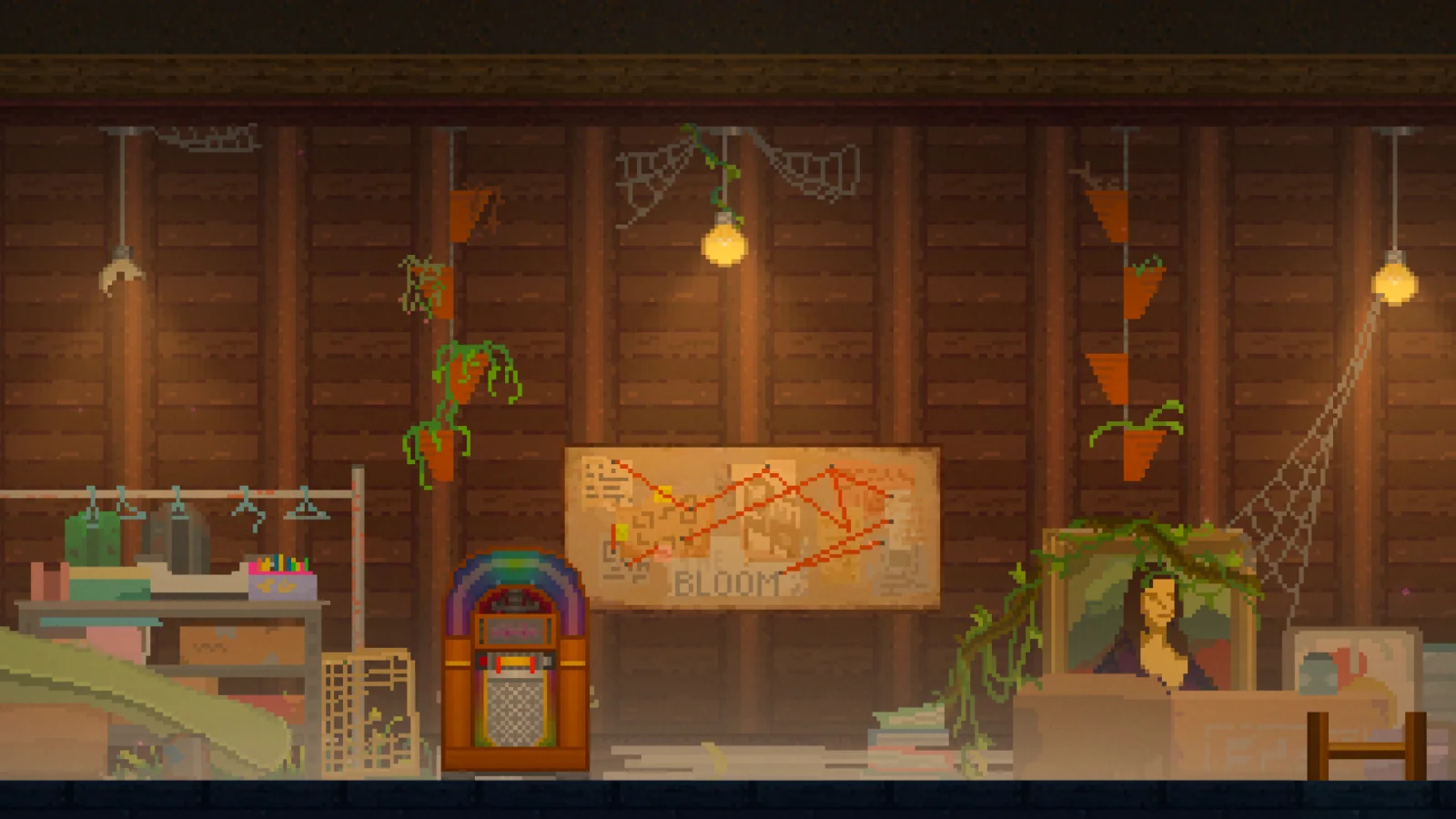 Nightbound environment: the attic, with a jukebox and a map pinned to the wall.