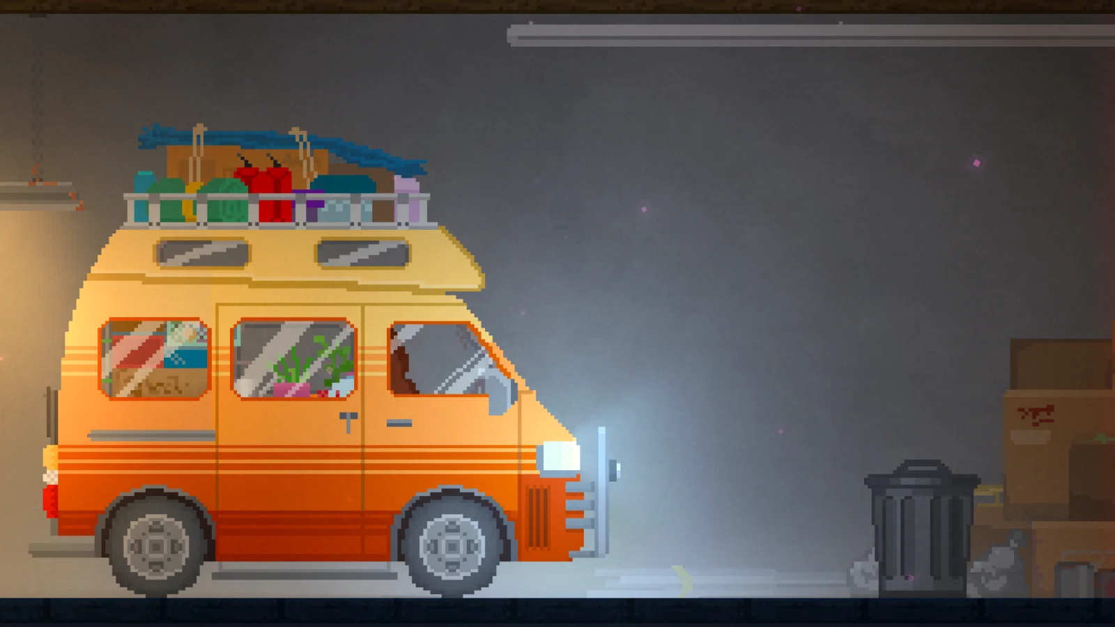Nightbound environment: the garage, with the orange van packed for the trip.