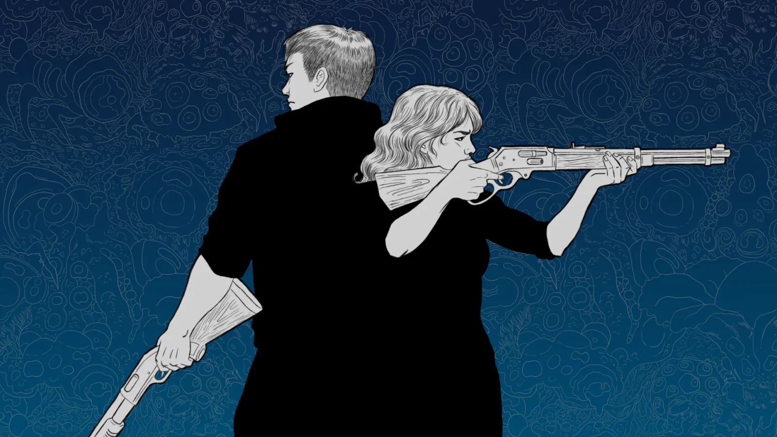 Nightbound key art, no logo: Jun and Loren back to back with rifles.