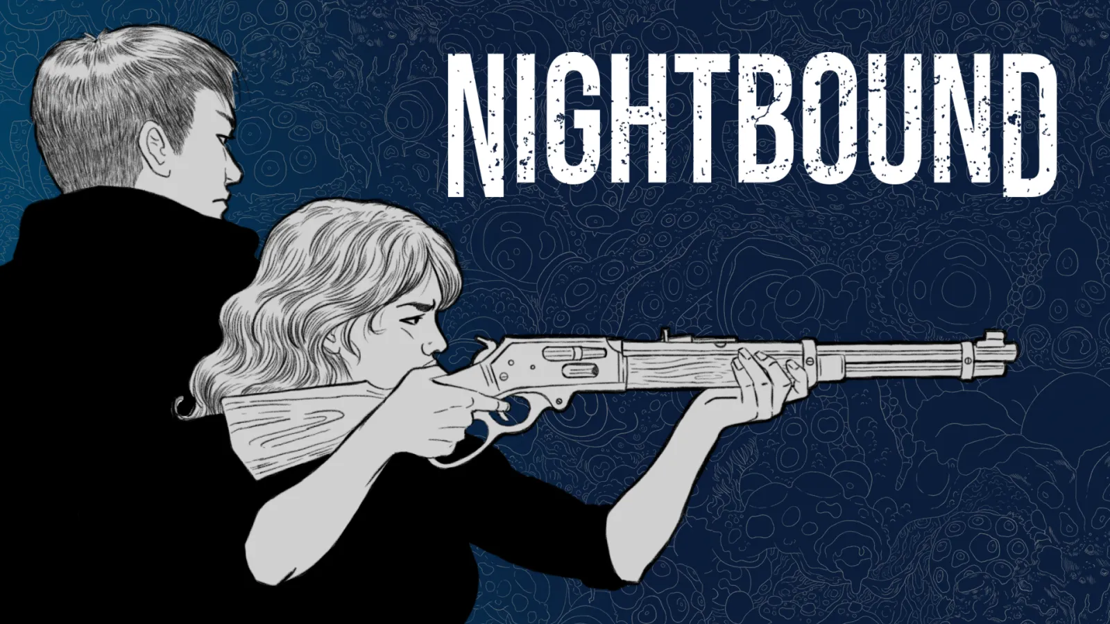 Nightbound key art with the logo: Jun and Loren with rifles.